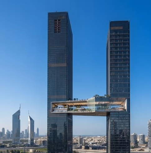 Dos torres de gran altura conectadas por una estructura elevada